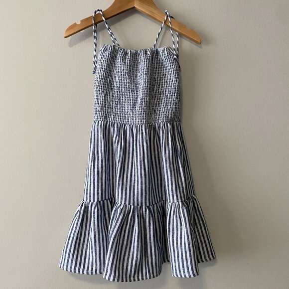 Handmade Children's Linen Rayon Navy Blue White Stripes Spaghetti Strap Dress - Picture 1 of 13
